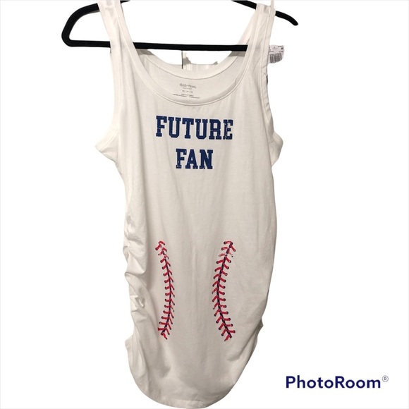 MOTHERHOOD MATERNITY FUTURE FAN GRAPHIC TSHIRT WHITE BASEBALL TANK M - Picture 2 of 9